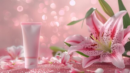A pink tube of beauty product next to a bunch of pink flowers.