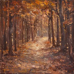 A painting depicting a winding path through a dense forest with tall trees, fallen leaves, and dappled sunlight