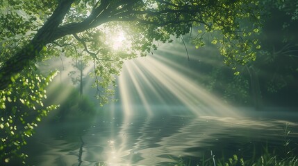 Promienie słoneczne przebijają się przez gęsty las drzew rosnących nad spokojną wodą, oświetlając malowniczy krajobraz wiosennego poranka. - obrazy, fototapety, plakaty