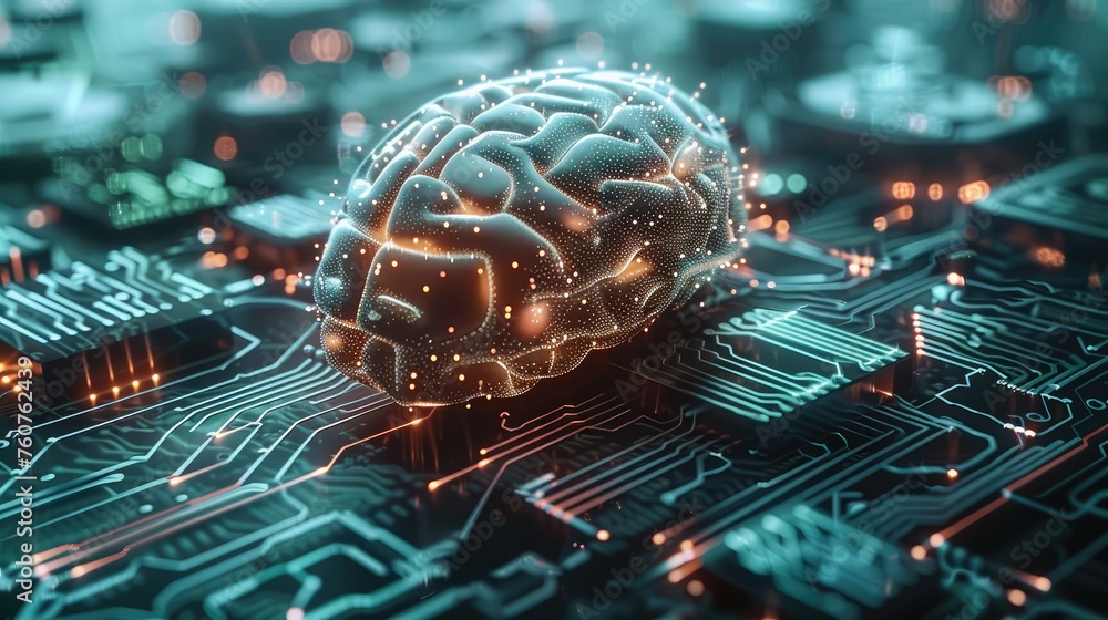 Poster AI elements like neural nets and a human brain plus computer chips. Generative AI.