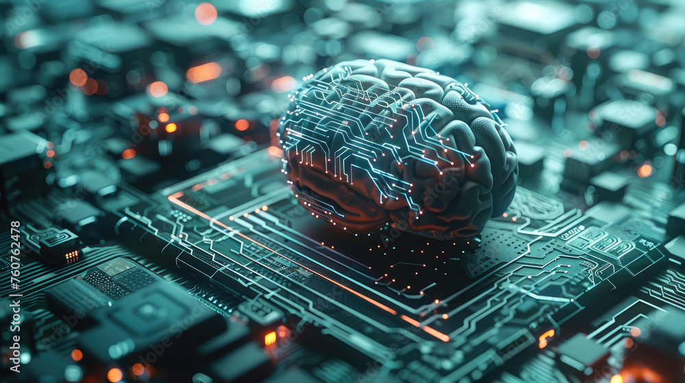 Poster AI elements like neural nets and a human brain plus computer chips. Generative AI.