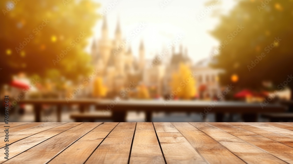 Poster the empty wooden table top with blur background of town square. exuberant image. generative ai