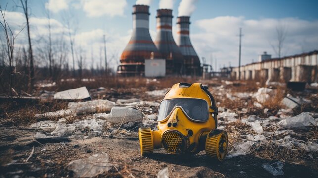 Abandoned gas mask on a blurred background of a destroyed nuclear power plant