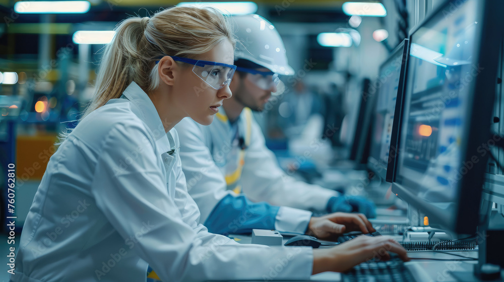 Leinwandbilder engineering team in high-tech factory, male and female engineers analyzing computer screen, intricat
