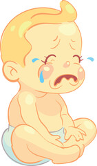 Crying toddler character. Cartoon sad unhappy baby