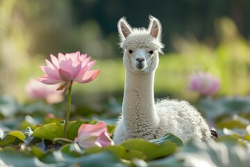 Fototapeta premium Peaceful Lama lotus pose. Yoga animal. Generate Ai