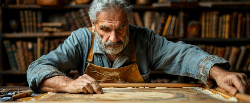 A master framer at work in a vintage-inspired framing studio, hands carefully wrapping a bespoke frame around an antique painting. The studio is a treasure trove of framing tools and materials