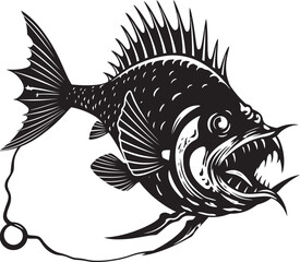 Diabolic Dive Evil Angler Fish Vector Emblem Serrated Scales Angular Creature Fish Logo with Wicked Touch