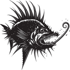 Serrated Scales Angular Creature Fish Logo with Wicked Touch Wicked Whiskers Evil Angler Fish Vector Icon