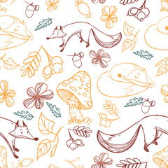 Line pattern design autumn mood mashrum and fox