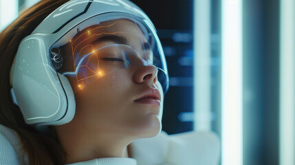 A beautiful female student wearing a sleek, futuristic neural headset, eyes closed, deeply engaged in a learning session. Generative AI.