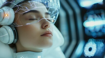 A beautiful female student wearing a sleek, futuristic neural headset, eyes closed, deeply engaged in a learning session. Generative AI. - obrazy, fototapety, plakaty