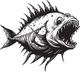 Fiendish Fins Angular Creature Fish Emblem with Diabolic Design Venomous Voyage Evil Angler Fish Vector Symbolism