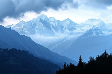 Obraz premium Breathtaking Alps landscape mountains valley. Sky tourism. Generate Ai