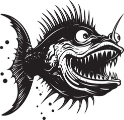 Malignant Mariner Angular Creature Fish Emblem with Vicious Touch Diabolic Dive Evil Angler Fish Vector Logo