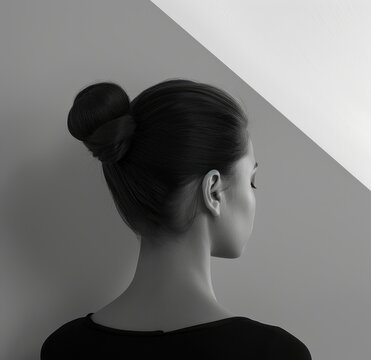 Sculpted in Shadow, woman’s profile is elegantly accentuated by the stark contrast of light and shadow, her hair in a sleek bun, in this monochrome image