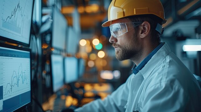 An engineer is looking at the graphs of power curve on the screen. Generative AI.