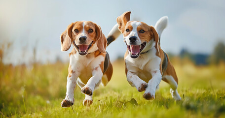 beagle dogs running in the field