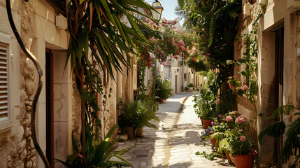 Narrow street with trees and flowers in an old Mediterranean seaside village on a beautiful summer day. 