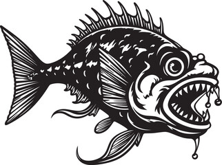 Nefarious Navigator Evil Angular Creature Fish Icon Wicked Whiskers Angular Fish Vector Logo with Evil Impression
