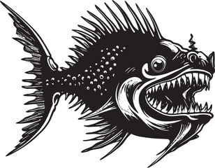 Malevolent Motion Angular Fish Emblem with Sinister Twist Diabolic Dive Sinister Angular Creature Fish Vector Logo