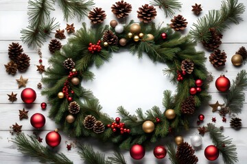 Fototapeta na wymiar top view of pine tree wreath with Christmas decorations and round blank space in middle isolated on white 