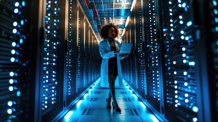Focused IT professional using a laptop while standing in a server room with racks of network equipment illuminated by blue lights