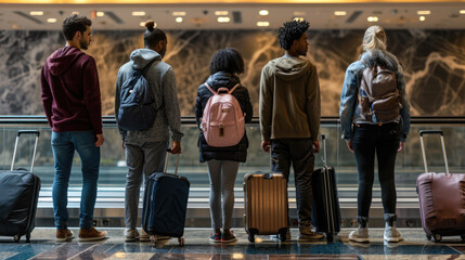Individuals are seen from behind, waiting in line at an airport terminal - obrazy, fototapety, plakaty