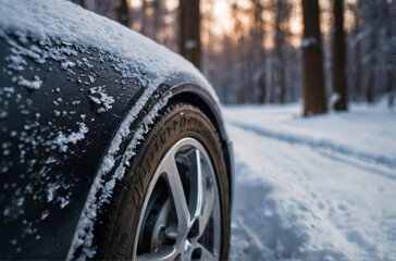 Closeup view of the cars wheel on the snowy road.