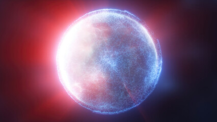 Blue energy magic circle, sphere, ball made of futuristic waves and lines of particles of atomic energy and electricity force field. Abstract background