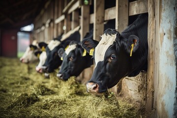 Group of cows at cowshed eating hay or fodder on dairy farm - obrazy, fototapety, plakaty