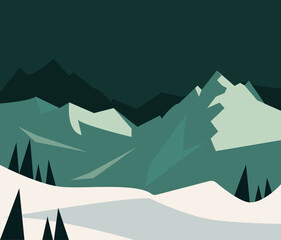 Vector image of snow-covered mountain ranges. Forest and mountains in winter for travelers.