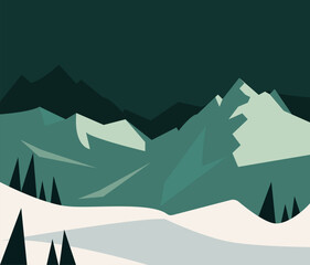 Fototapeta premium Vector image of snow-covered mountain ranges. Forest and mountains in winter for travelers.