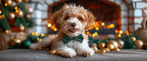 A mischievous Poodle wearing a green bow tie, surrounded by pots of gold and overflowing with glittering coins , Wallpaper Pictures, Background Hd