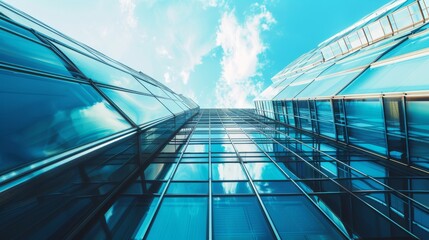 The glass Windows of modern office buildings reflect the blue sky and clouds, symbolizing the transparency of business practices.