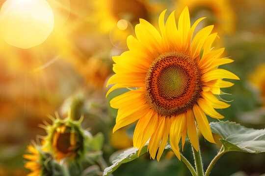 Close up of yellow sunflower in full bloom on summer