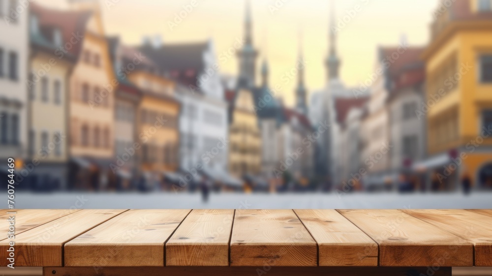 Poster the empty wooden table top with blur background of town square. exuberant image. generative ai