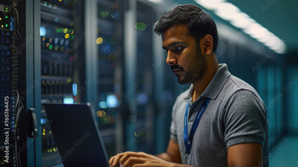 Aufkleber focused it professional using a laptop while standing in a server room with racks of network equipme