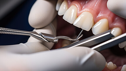 Close-up view of a dental examination showing a set of healthy teeth being inspected by a dentist using tools and a mirror, with a focus on oral hygiene and dental care.