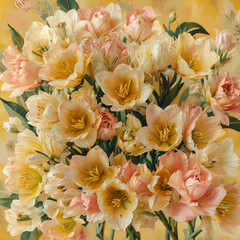 Elegant Tulip Bouquet on Yellow Background with Oil Painting Technique Gen AI