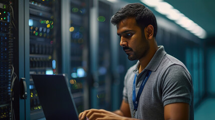 Focused IT professional using a laptop while standing in a server room with racks of network equipment illuminated by blue lights