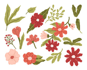 Various romantic flower and leaf illustrations.Trendy Hand drawn Wild Meadow florals , Flower bouquet illustration