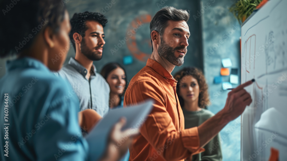 Poster man presenting or explaining something in front of a whiteboard with various colorful charts, diagra