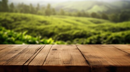 The empty wooden table top with blur background of tea plantation. Exuberant image. generative AI