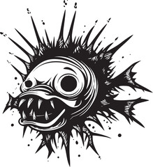 Wicked Whiskers Evil Angler Fish Vector Emblem with Malevolent Impression Vicious Vortex Angular Creature Fish Logo Design with Evil Undertones