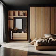Wooden wardrobe against black wall in minimalist style interior design of a modern bedroom