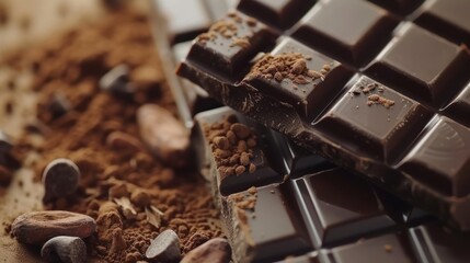 Chocolate. Beautiful chocolate background. Sweet food photography concept. Dark chocolate, crushed cocoa beans, fruits on a delicate background.