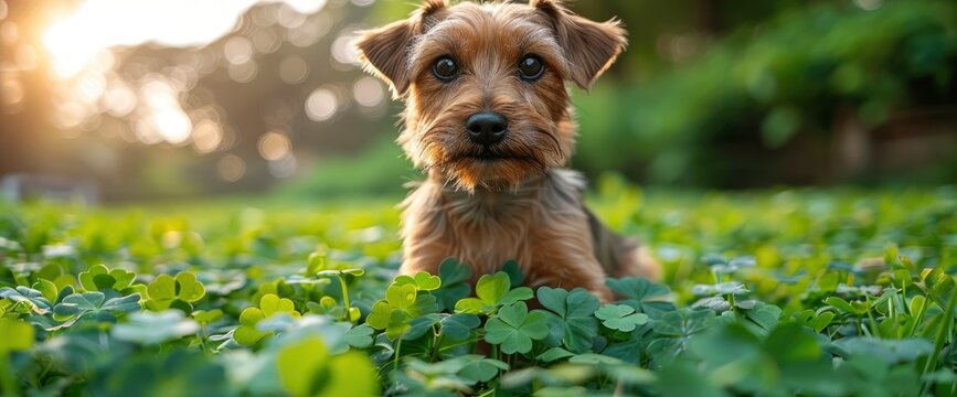 A mischievous Yorkshire Terrier dressed as a leprechaun, sitting amidst a field of clovers and shamrocks, with a mischievous glint in its eye, Wallpaper Pictures, Background Hd