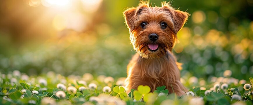 A mischievous Yorkshire Terrier dressed as a leprechaun, sitting amidst a field of clovers and shamrocks, with a mischievous glint in its eye , Wallpaper Pictures, Background Hd