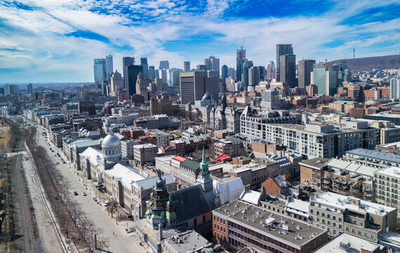 Aerial view of Montreal old port in spring 